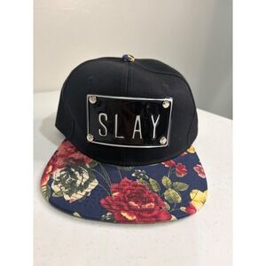Slay Graphic Snapback Hat Black Floral Print Flat Brim Adjustable Baseball Cap